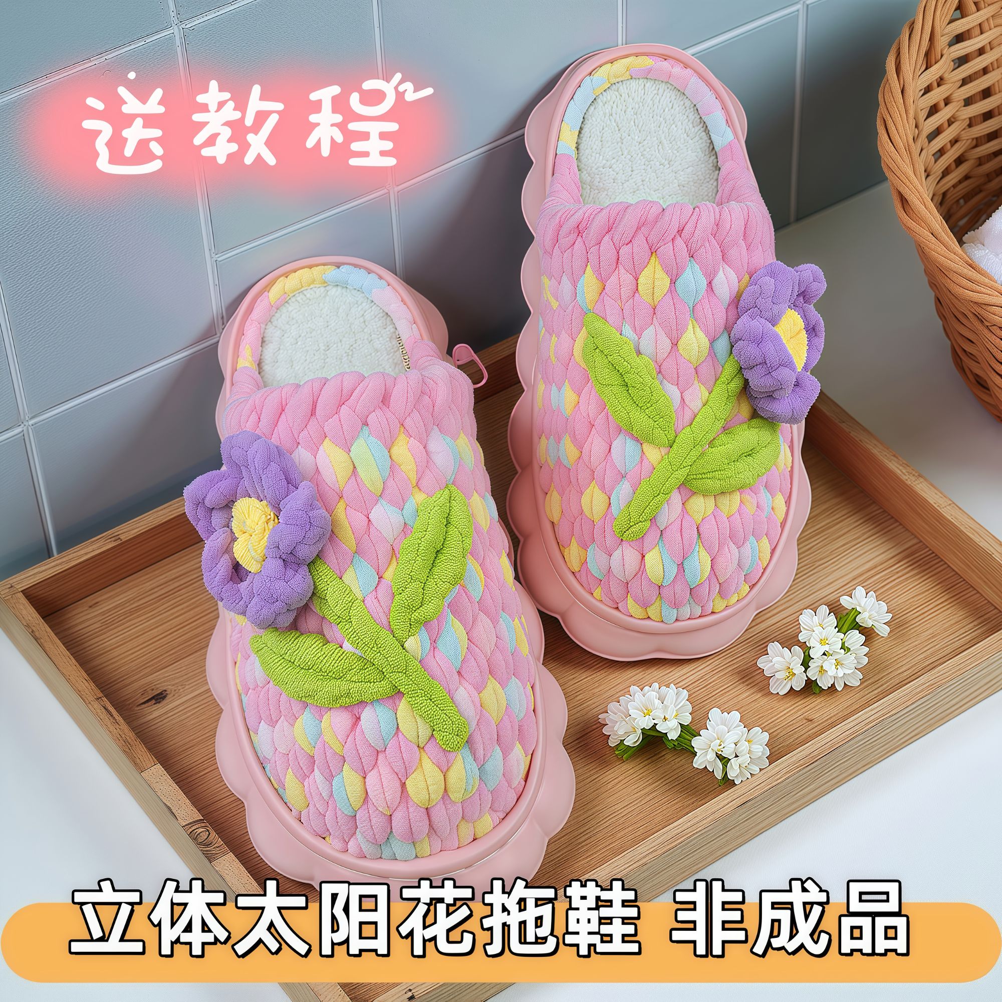 （非成品太阳花拖鞋材料包）手工DIY冰条线防滑保暖拖鞋新款秋冬季