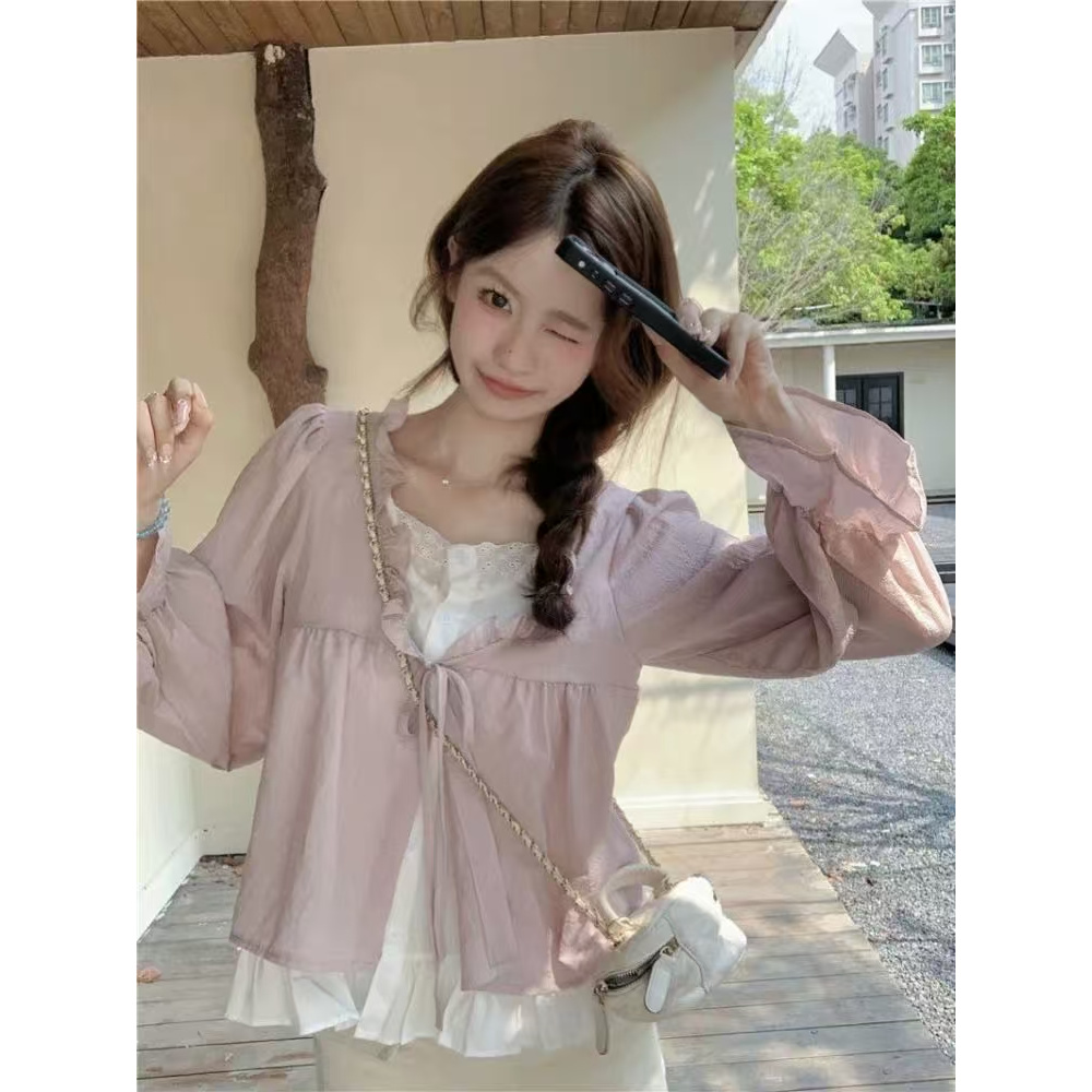 大码胖mm2025欧若风假两件绑带长袖衬衫花边领甜美气质时尚上衣女