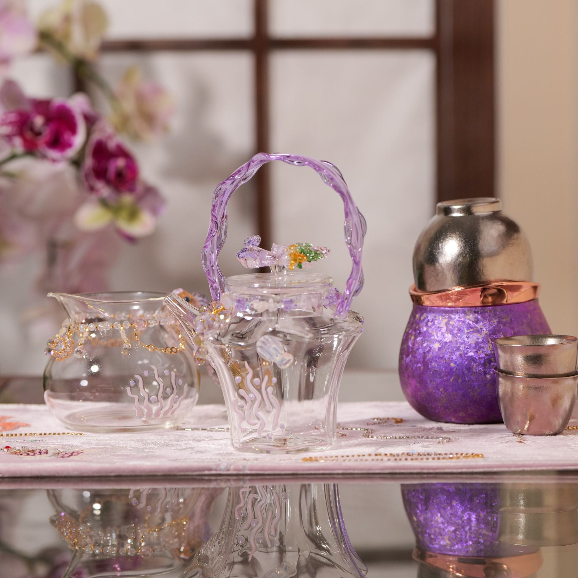 山怂x晶焱 锦鲤提梁壶七彩海草公杯锦鲤钛葫芦袋旅行泡（9件套）