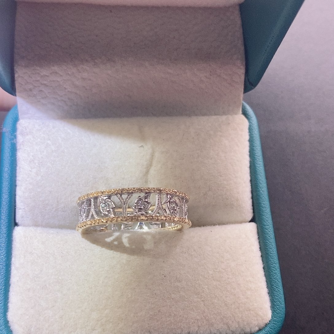 钻石戒指/指环18K金镶嵌双白拼色枫叶雕纹戒指14