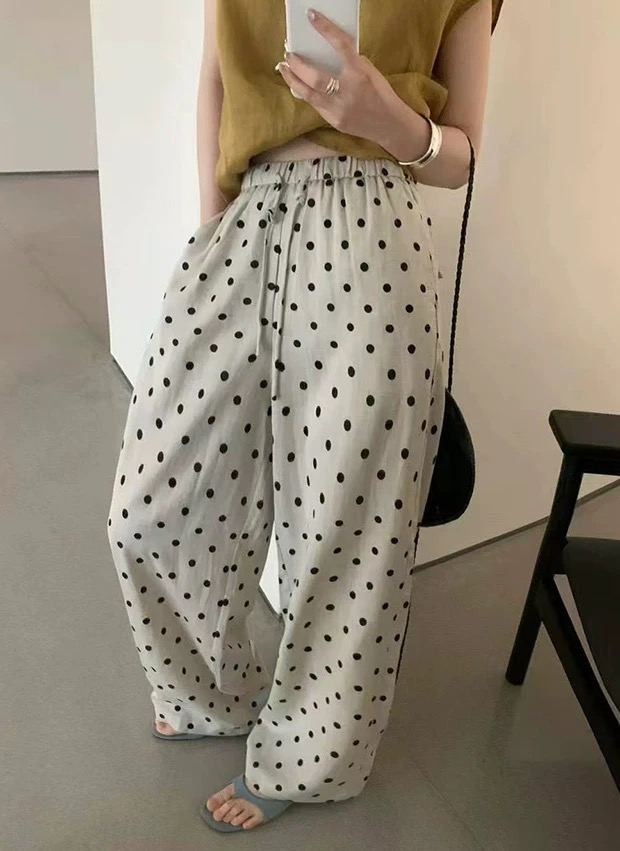 爆款～100%亚麻波点松紧腰抽绳休闲裤9995
