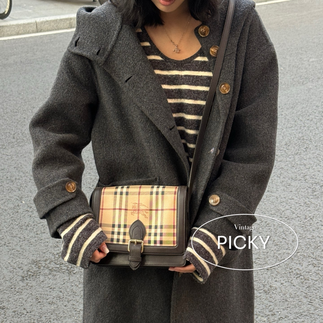 95新 BURBERRY/博柏利 学院风 棕色 格纹 战马 豆腐包 斜挎包