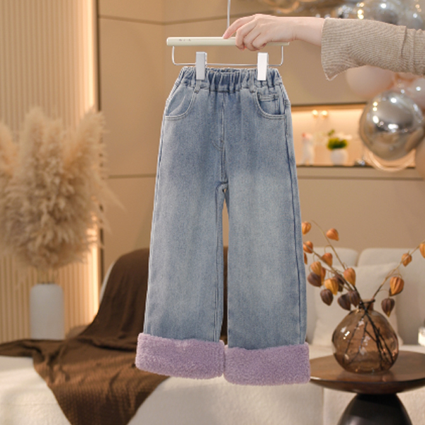 【米拉3】女童蓝色宽松加绒牛仔裤冬季新款中大童宽松微喇裤2025
