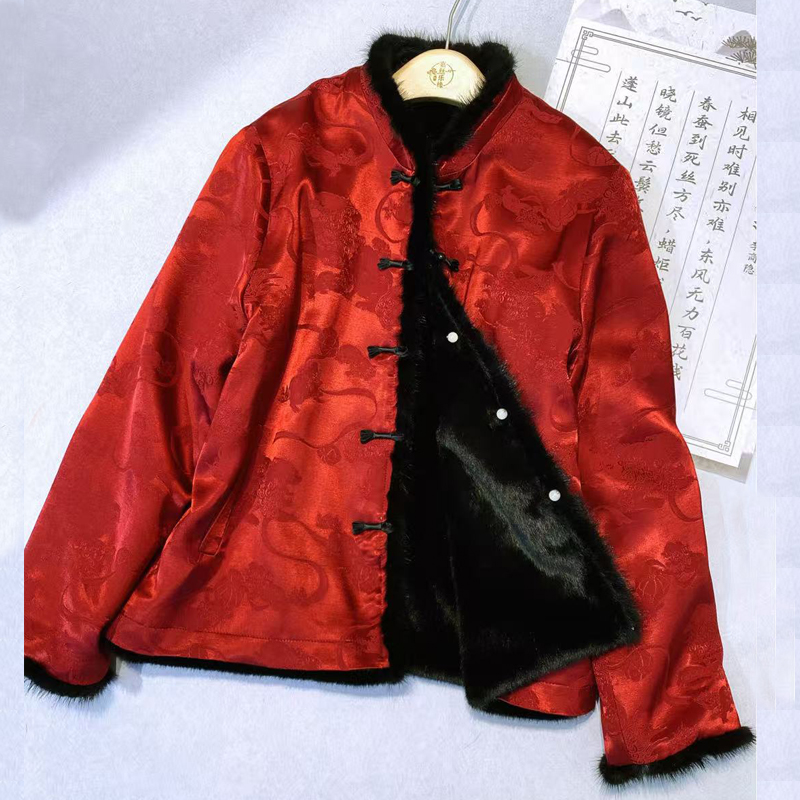 【麟戏团酥】宋锦真丝皮草外套皮毛一体冬新款桑蚕丝女爆款中式上衣