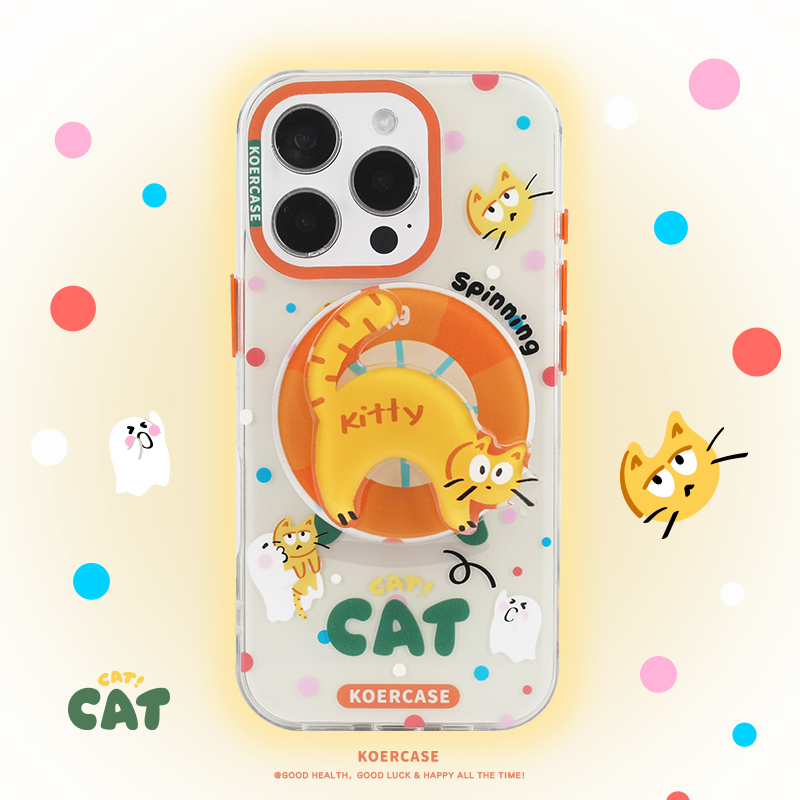 小幽灵宠爱转转猫手机壳磁吸支架卡通插画16iPhone15ProMax14Pro