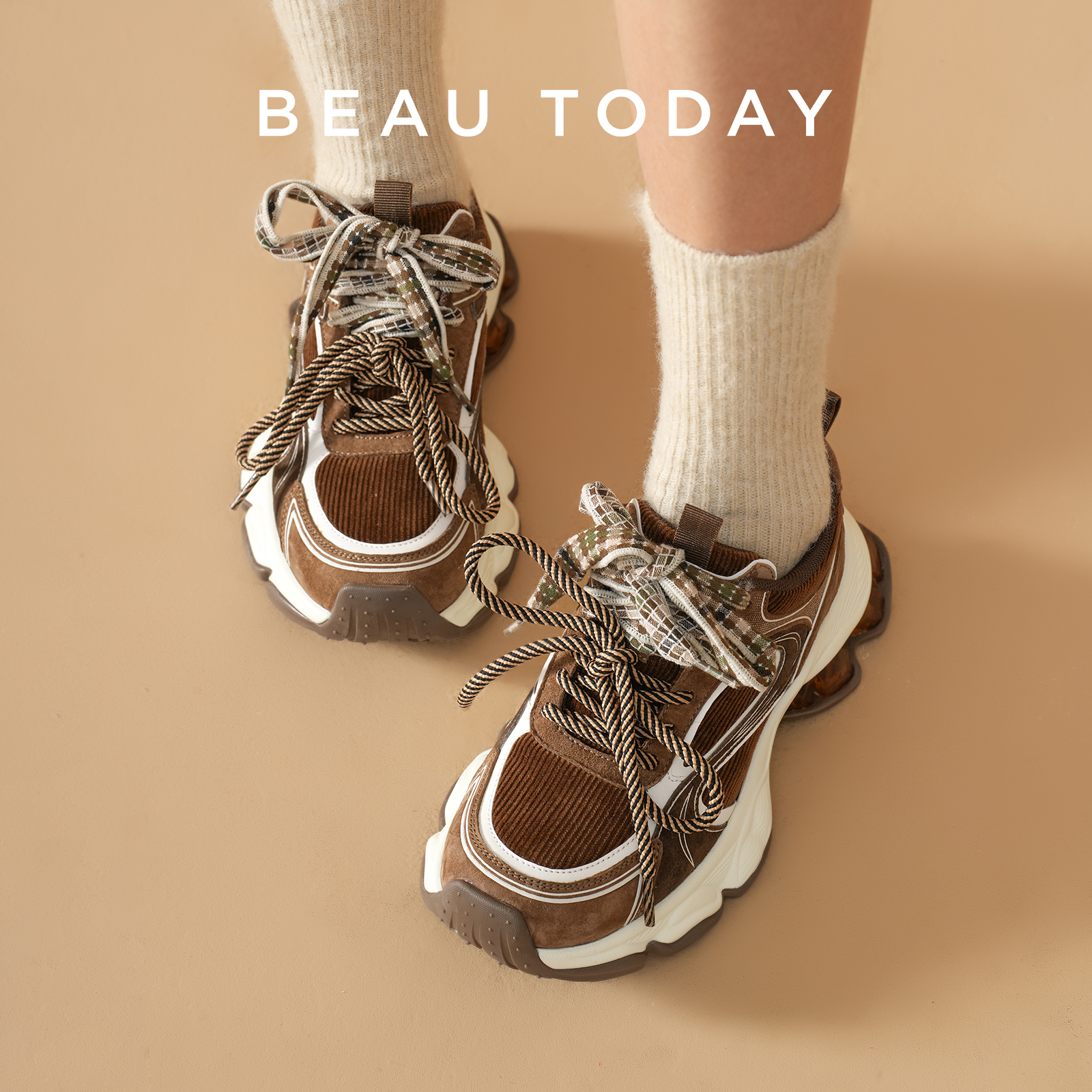 BeauToday美拉德灯芯绒双鞋带老爹鞋女新款休闲运动增高厚底女鞋