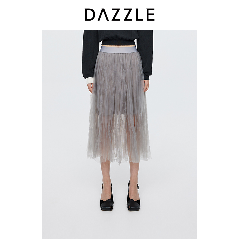 DAZZLE地素半身裙网纱中长裙2I3S316