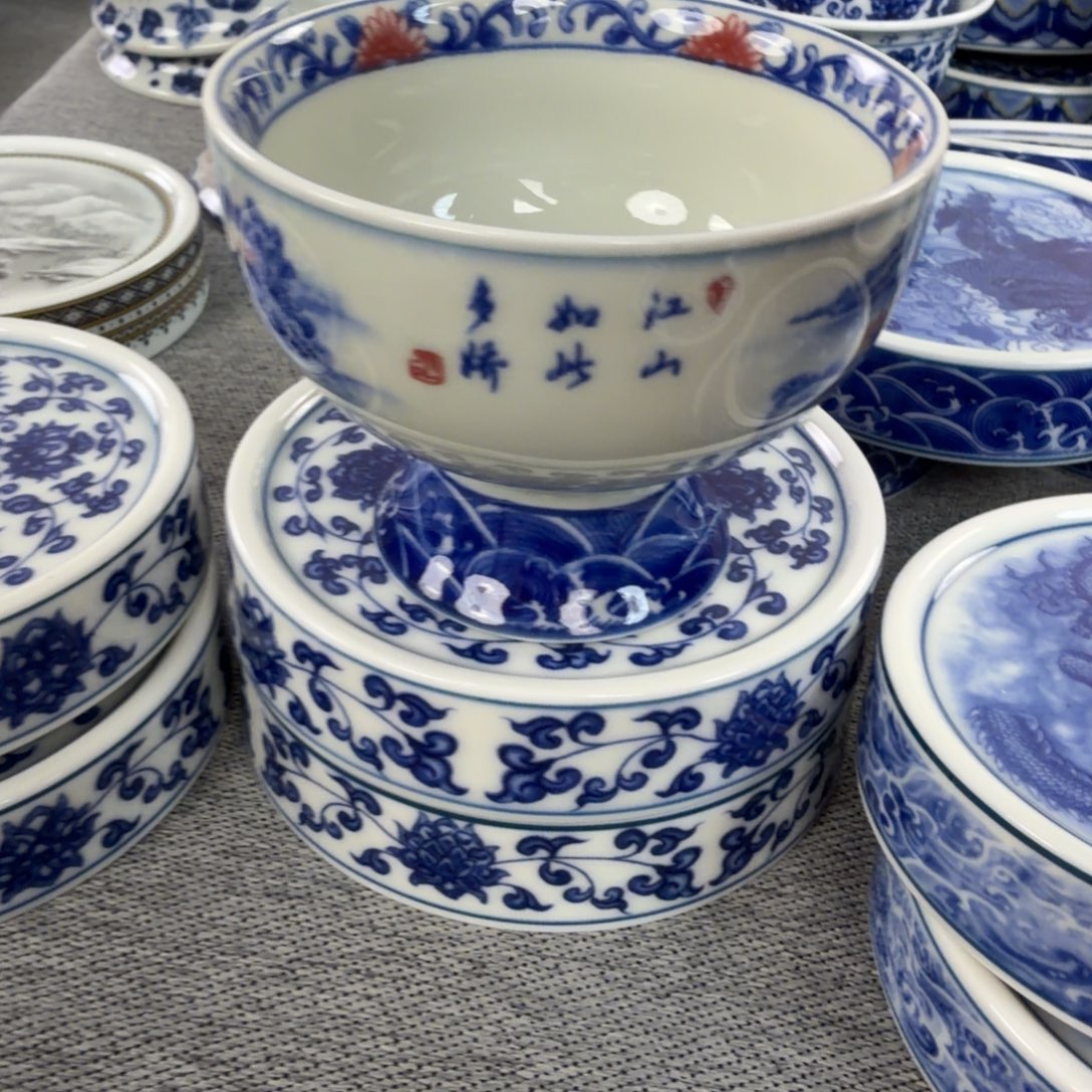 陶摆件江山如此多娇高足杯