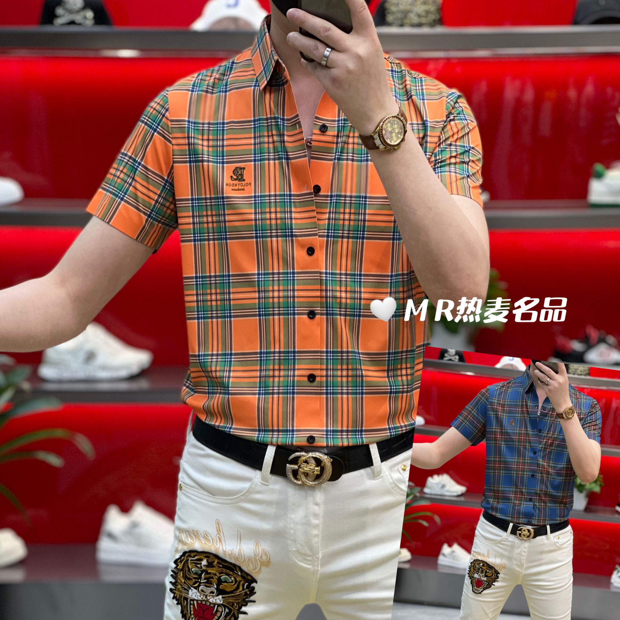 【热麦甄选】夏季短袖衬衫百搭格纹时尚款 男士修身免熨烫弹力翻领