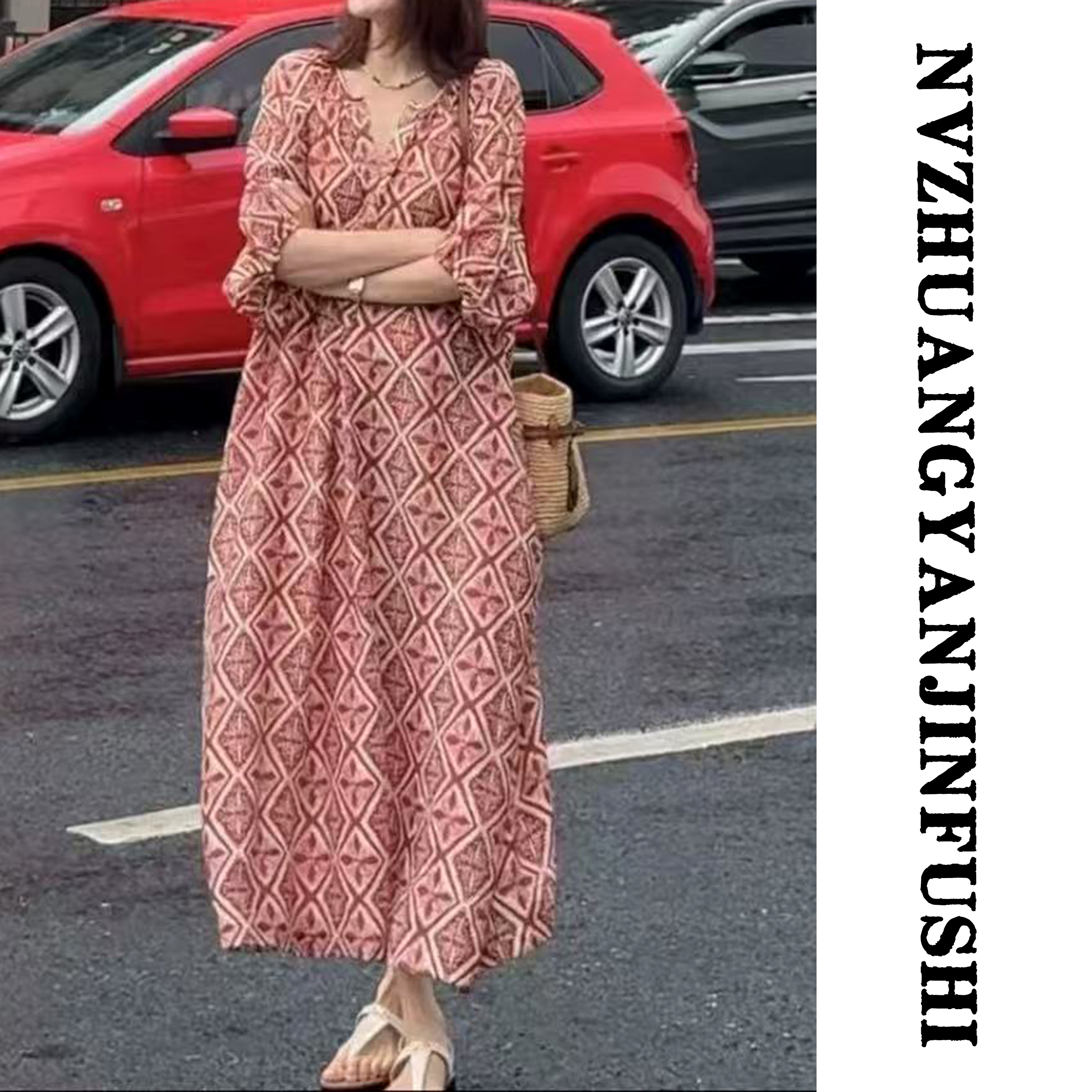 【花色红色连衣裙】时尚 送腰带 遮肉显瘦A版气质长款