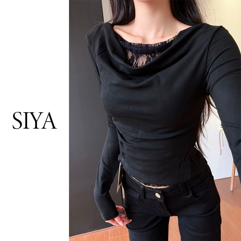 【SIYA】假两件蕾丝拼接设计气质长袖秋季性感修身T恤黑色百搭显瘦
