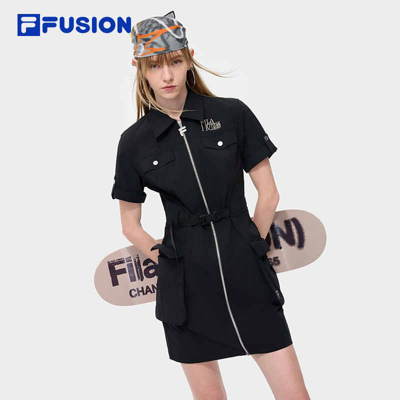 FILA斐乐夏季显瘦翻领连衣裙休闲女装小个子时尚减龄小众韩版裙子