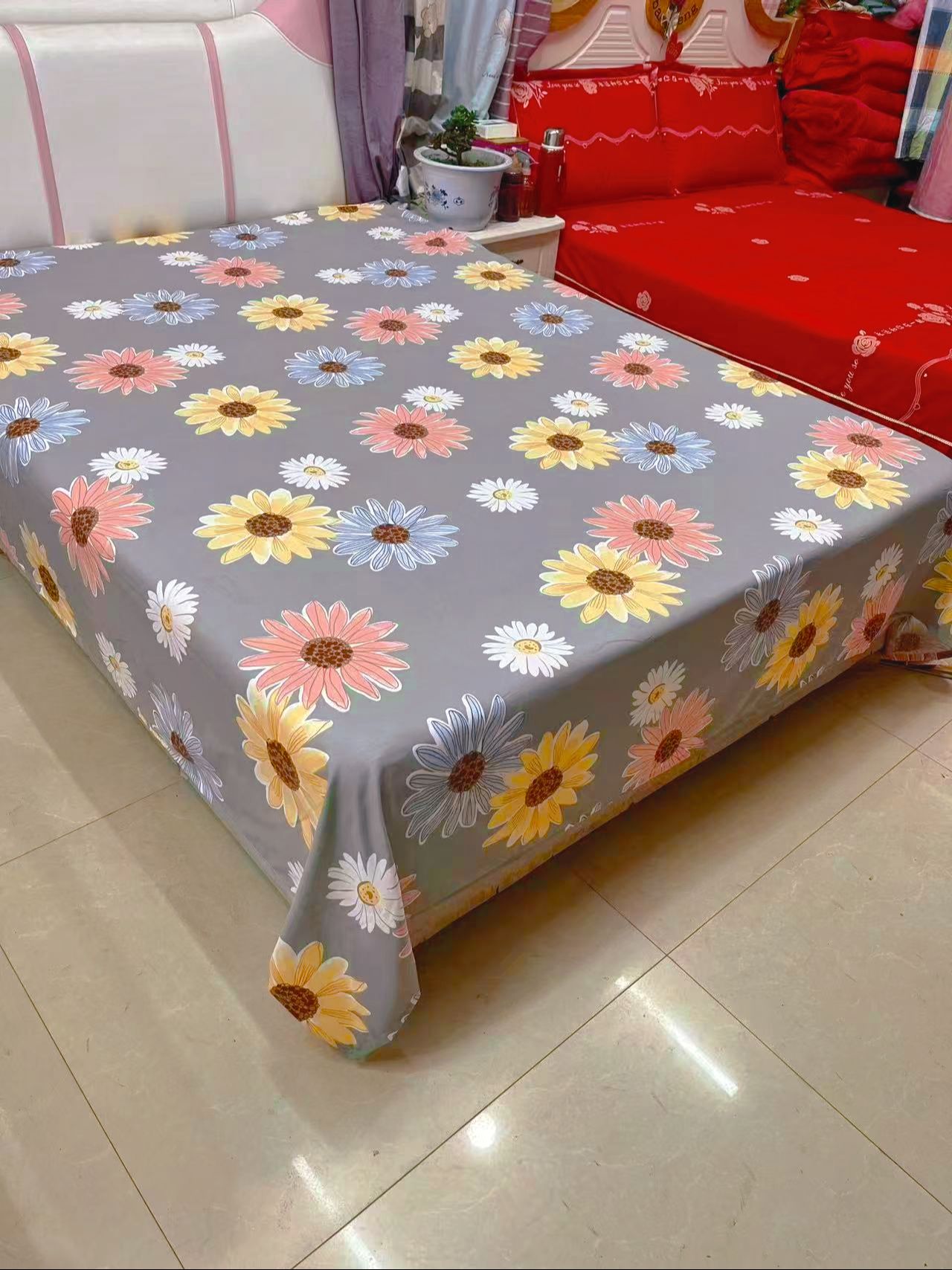 （送一对枕套）（心想事成太阳花灰色）四季款亲肤棉单独床单