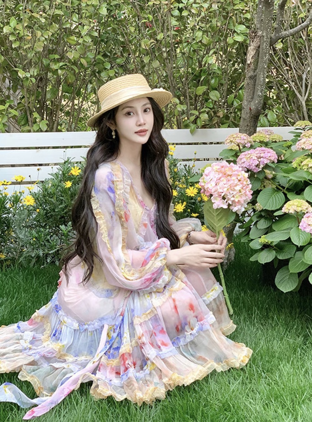 【花莫】海边度假渐变色v领短款连衣裙女2025夏季公主泡泡袖