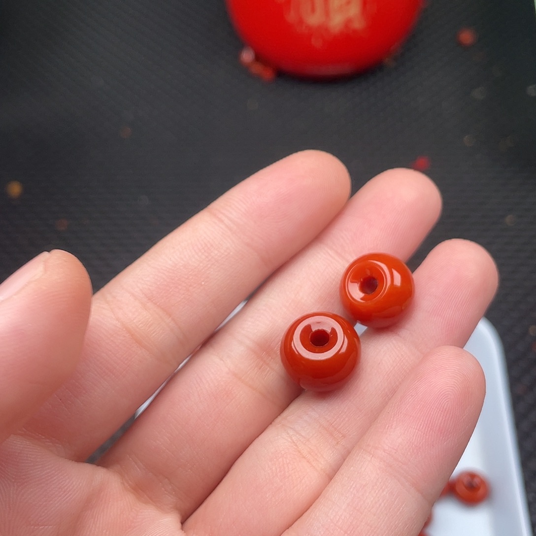 南红玛瑙未镶嵌9*14柿子红甜甜圈一组2颗