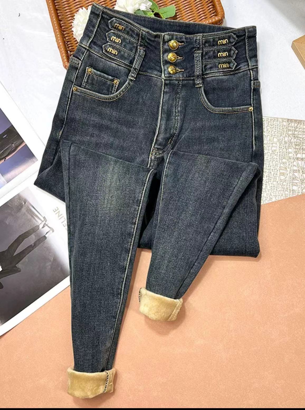 秋冬新款高腰小脚牛仔裤女加绒显瘦百搭长裤