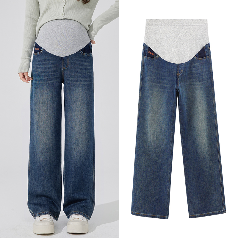 米度丽孕妇裤子秋冬外穿牛仔裤春秋加绒阔腿裤一体绒直筒裤20209 