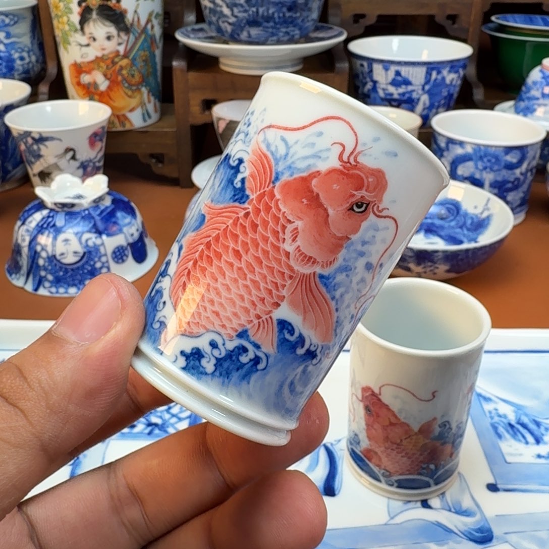 如***潮杯子陶景德镇全手工手绘陶瓷