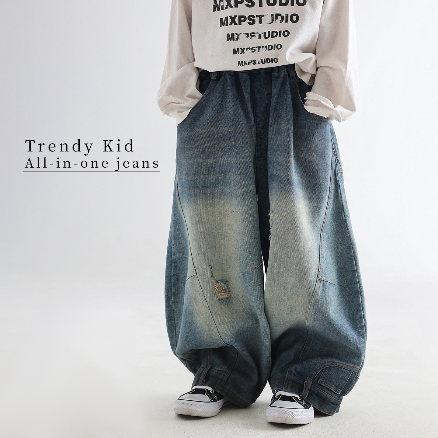 春季韩版牛仔裤2025新款儿童简潮潮范阔腿童装长裤水洗宽松003