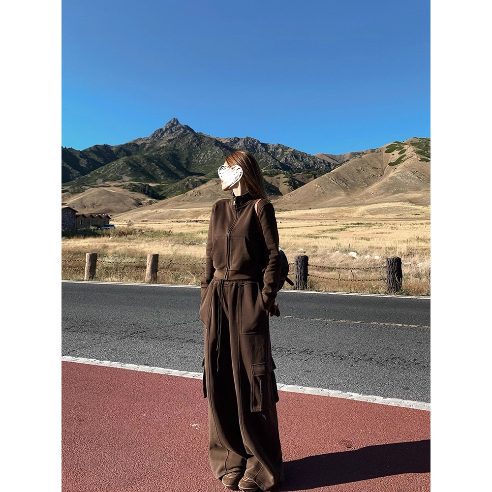 秋季立领重工短款修身卫衣女+工装阔腿长裤 81158