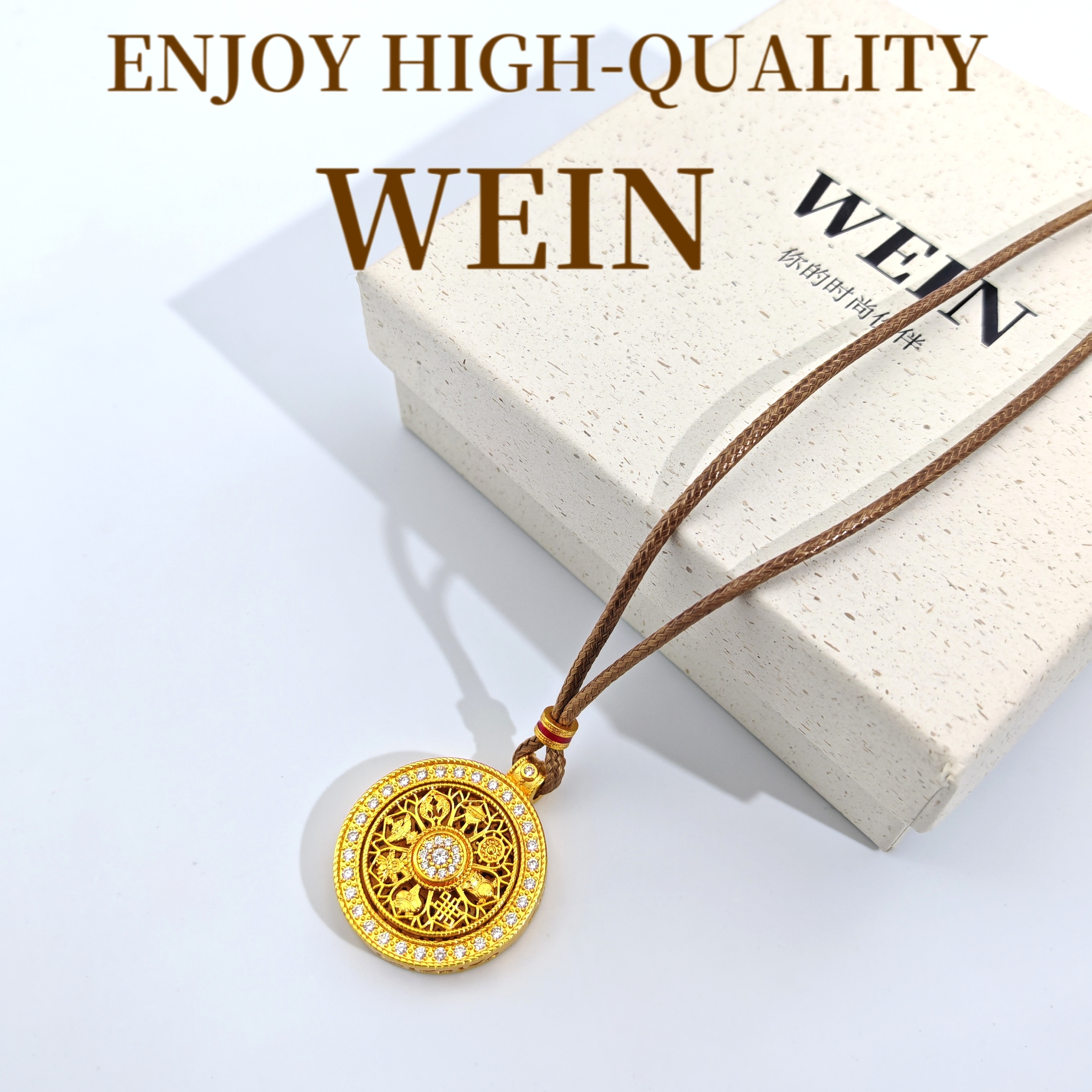 WEIN 铜合金布艺项链 镶钻旋转八宝罗盘金色古法轻奢时尚编织百搭