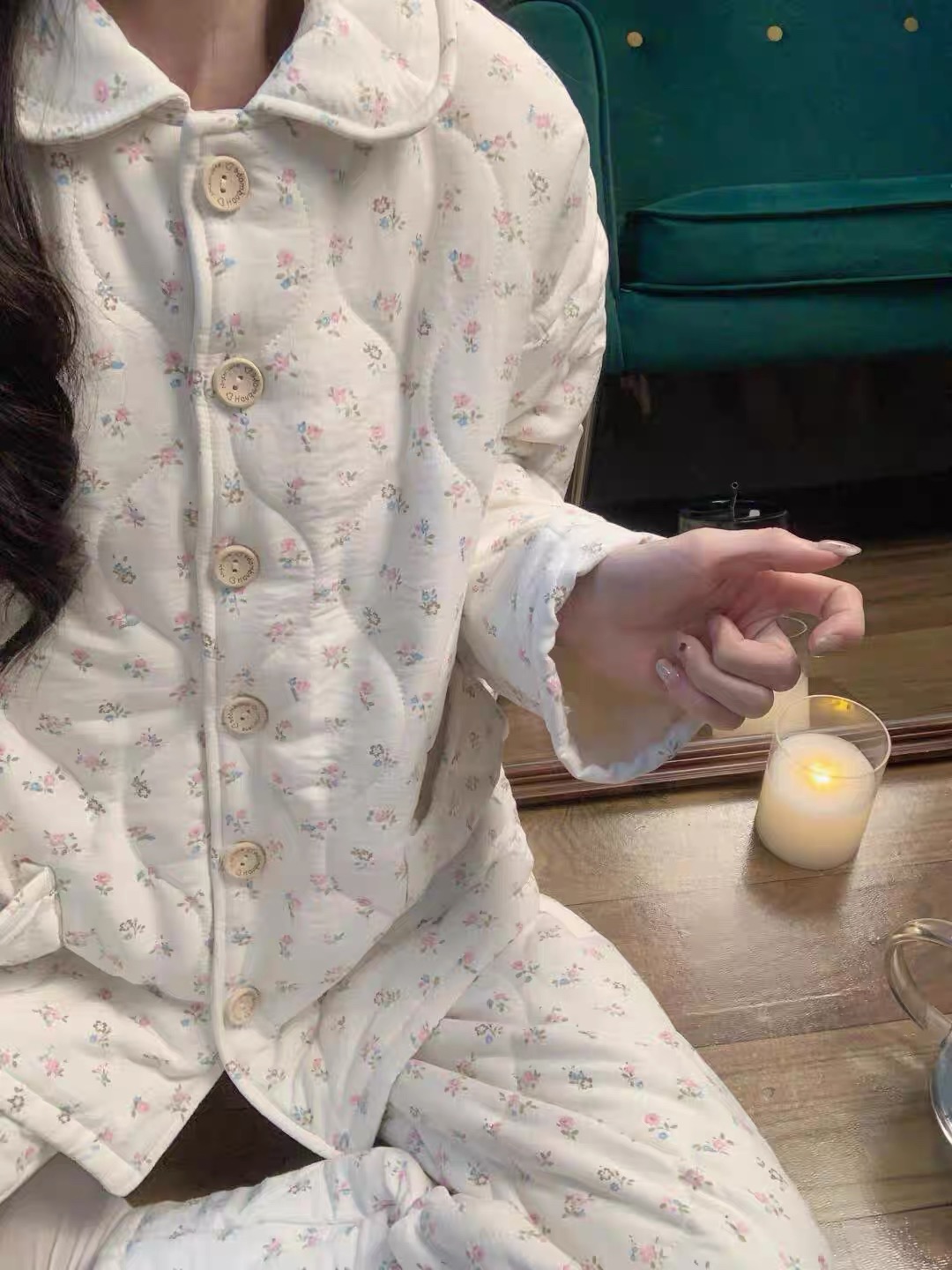 甜美小碎花夹棉长袖睡衣女冬季新款加绒保暖家居服开衫长裤套装冬