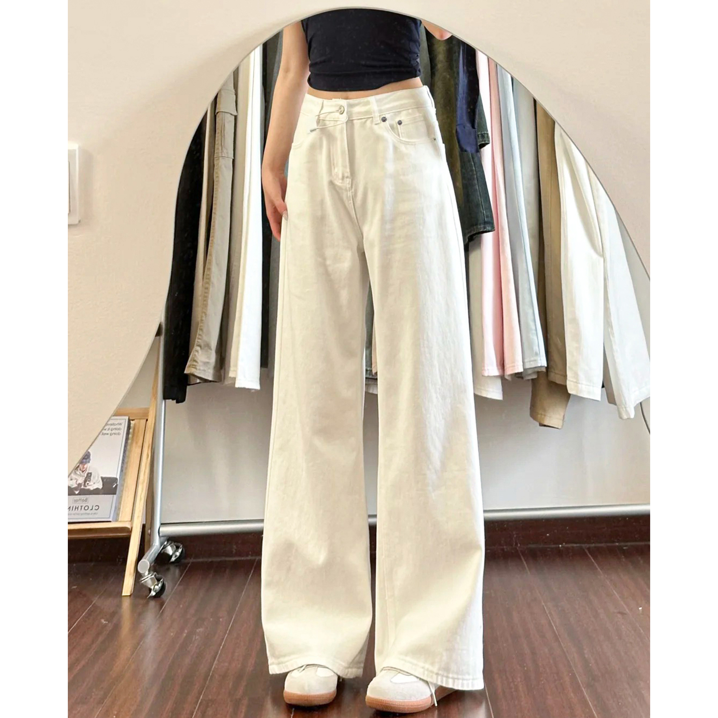 雪千羽白色直筒牛仔裤女秋季2025新款高腰显瘦垂感宽松加绒阔腿裤