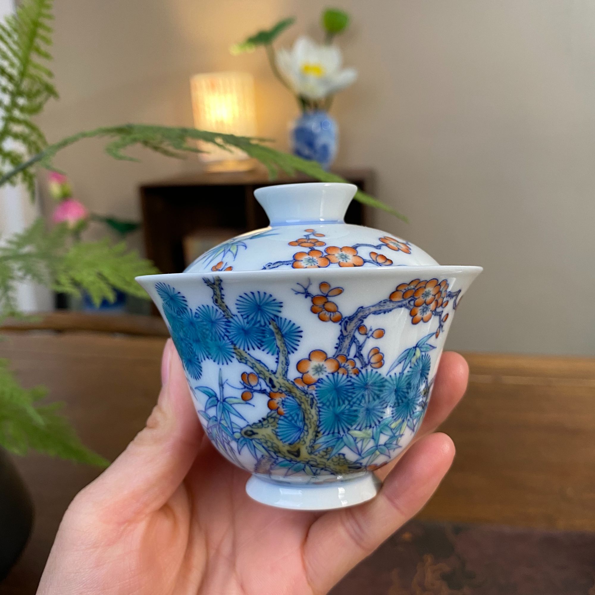 【鸿均堂】】斗彩松竹梅盖碗 景德镇纯手工手绘茶器茶具