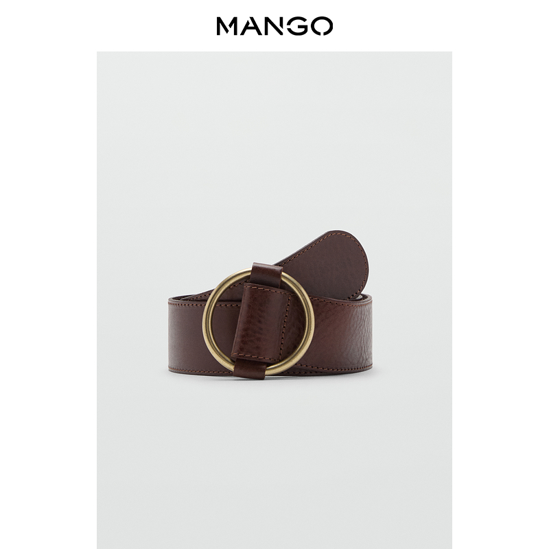 MANGO女装腰带2025秋装新款棕色无孔牛皮革细腰带复古百搭皮带