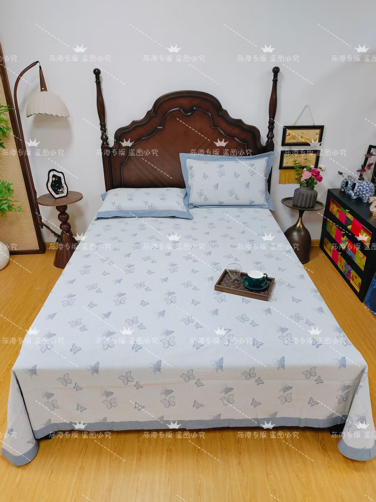 幕古(Mugu)凉席三件套250*250～(福蝶蓝)L194会缩水枕套有误差