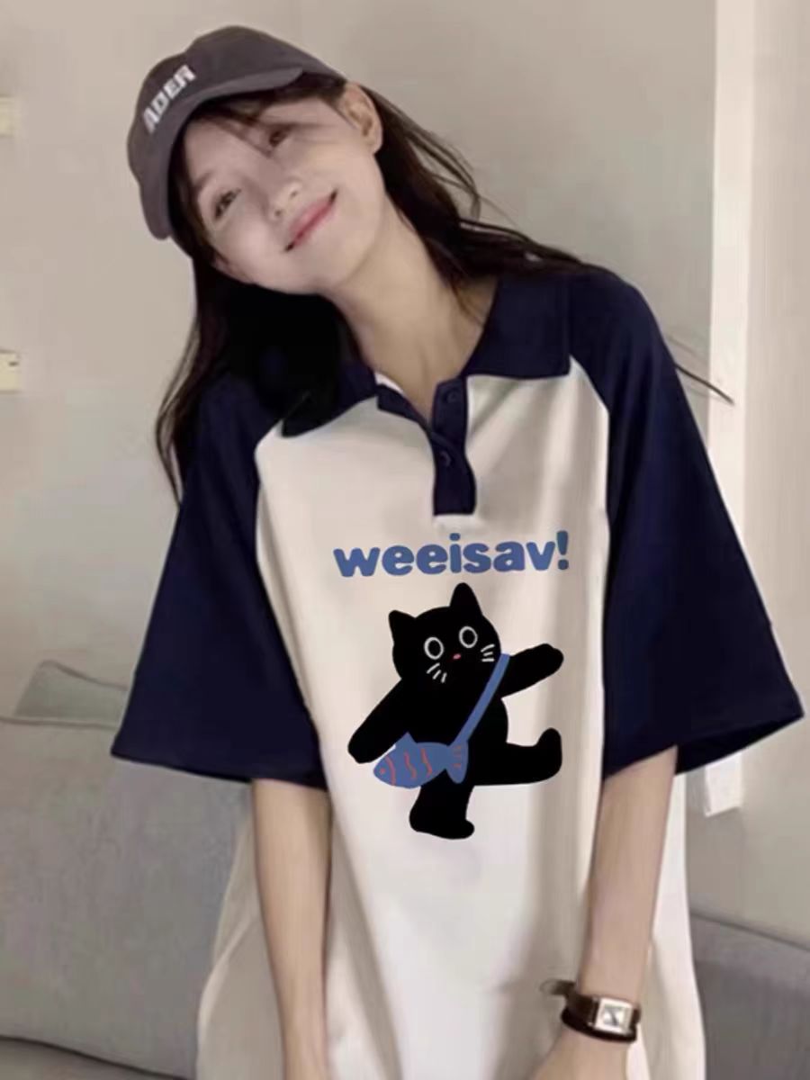 上衣B类印花宽松型韩版翻领夏季polo复古学生女短袖T恤休闲风