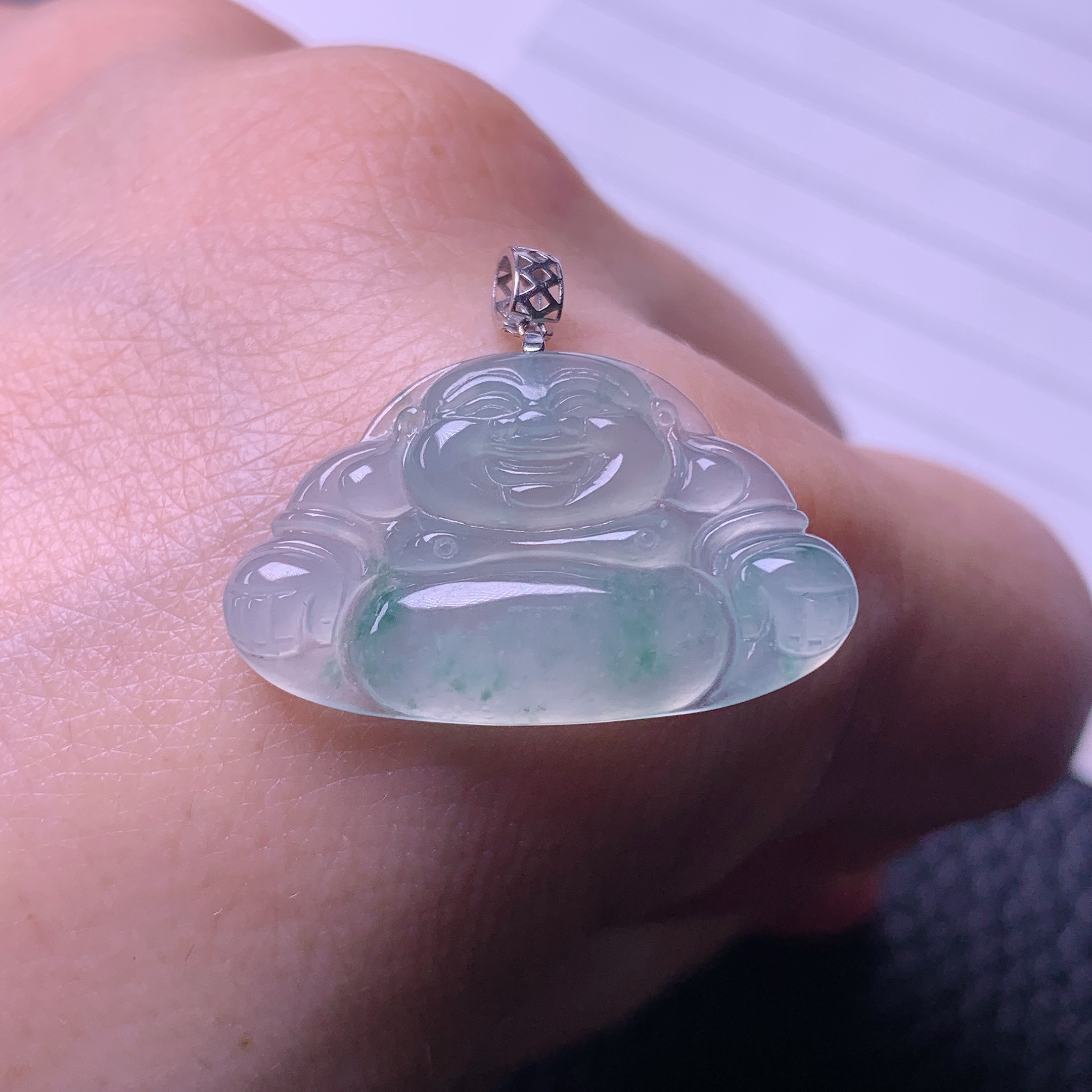 天然缅甸a货翡翠冰飘绿坐佛佛公一刀切玉吊坠18k15/26/4