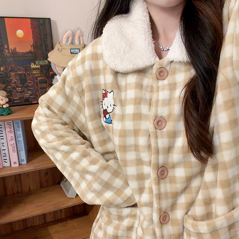 法兰绒卡其格kitty睡衣女冬季长袖长裤加绒加厚保暖珊瑚绒家居服