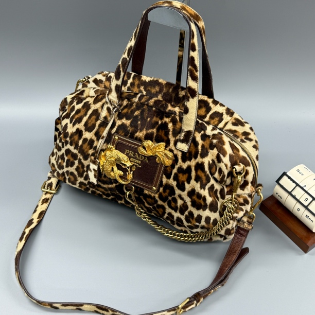 95新 Prada/普拉达 斑马纹双龙大标波士顿斜挎包 无秃毛 好成色