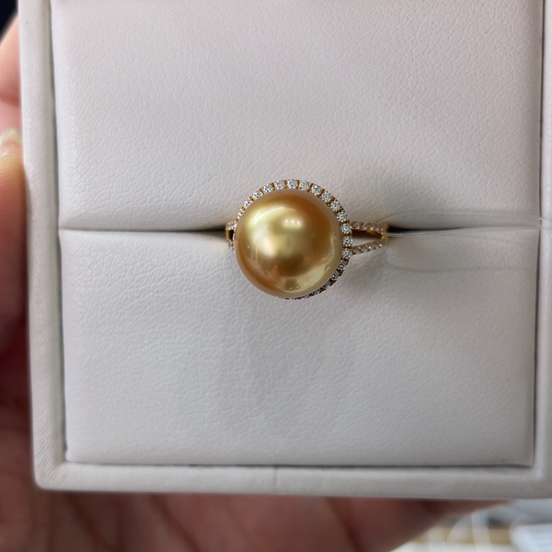 18K金镶嵌戒指海水珍珠南洋金珠11-12m m