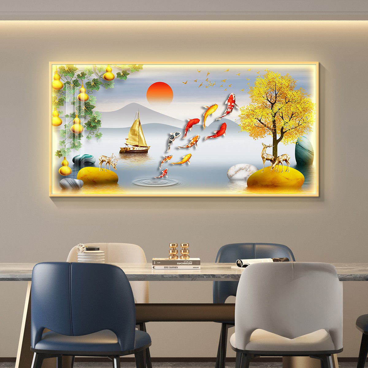 轻奢led带灯餐厅装饰画饭厅背景墙挂画壁画简约现代高级感山水画