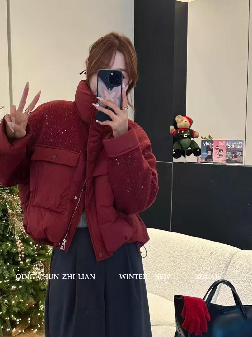 【韩系立领亮片毛呢拼接棉服女2024冬季新款休闲宽松设计感外套