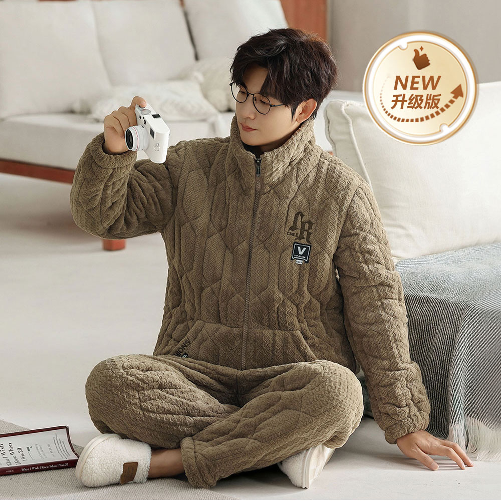 冬季新款男士睡衣三层夹棉巨厚保暖家居服套装加绒加厚可外穿棉服