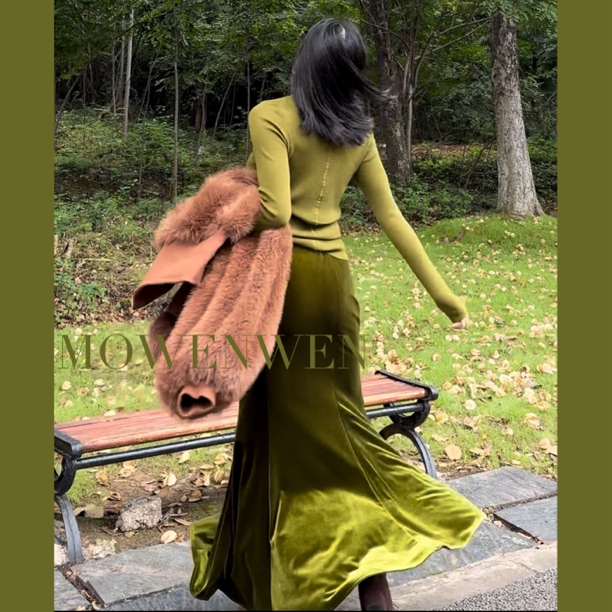 莫文文 定制纯色丝绒复古修身半身裙女秋冬高腰包臀裙鱼尾裙长裙