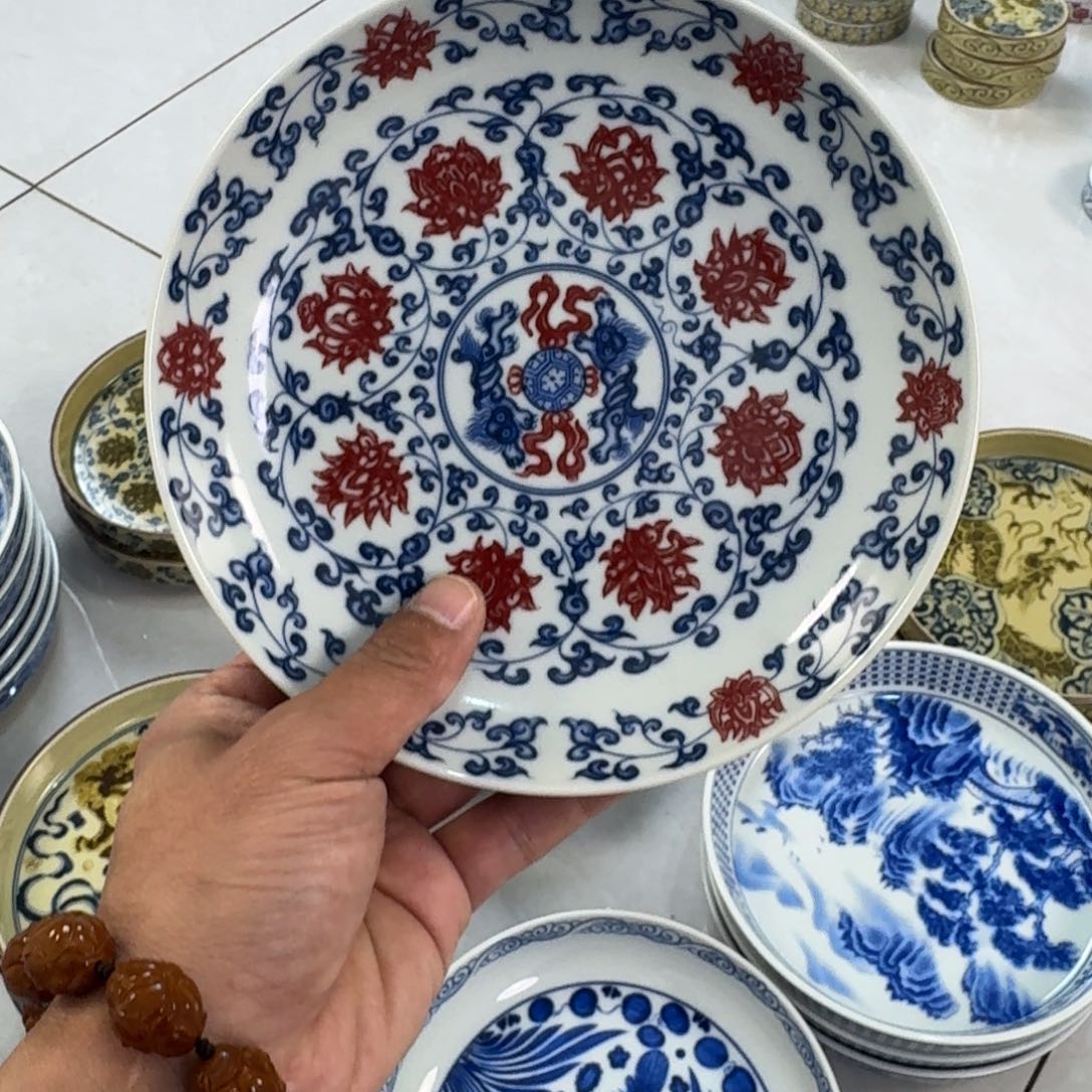 陶摆件釉里红缠枝莲大壶承17.5