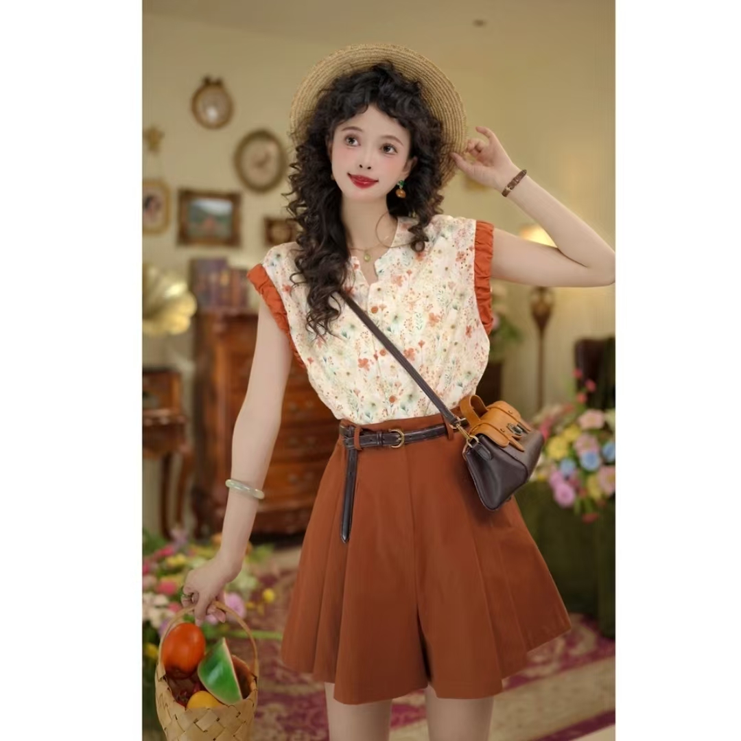 556#[浅浅专属]时尚气质碎花短袖上衣高腰阔腿短裤减龄两件套装女