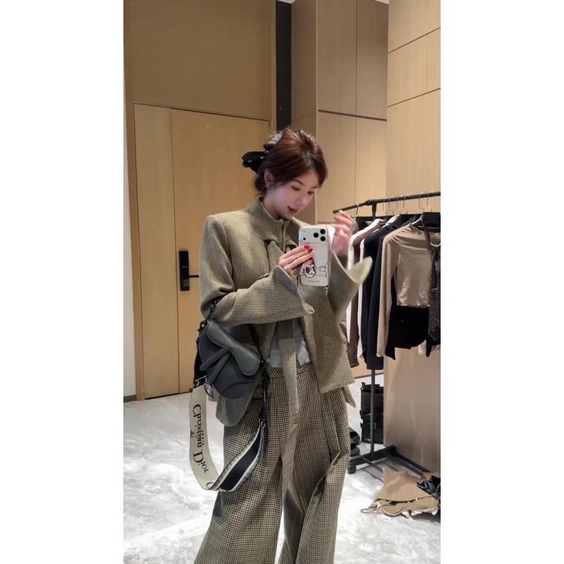 老钱风复古宽松百搭立领短外套女冬季设计感休闲垂感阔腿长裤套装