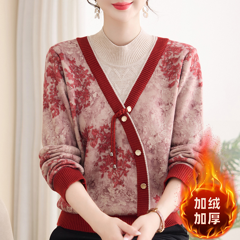 【加绒】妈妈新秋冬装假两件针织衫中老年毛衫女装半高领打底衫毛衣