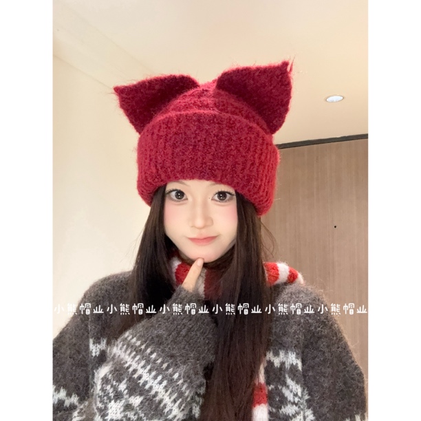 秋冬新款可爱红色加厚针织猫耳朵护耳帽女时尚保暖百搭针织帽