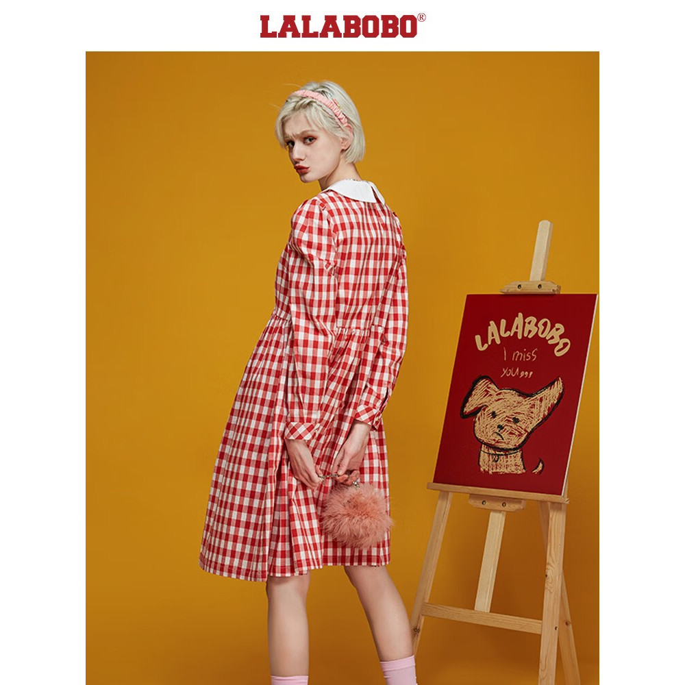 郑州（不退不换）LALA刺绣娃娃领格纹泡泡袖连衣裙L21A-WLZY11