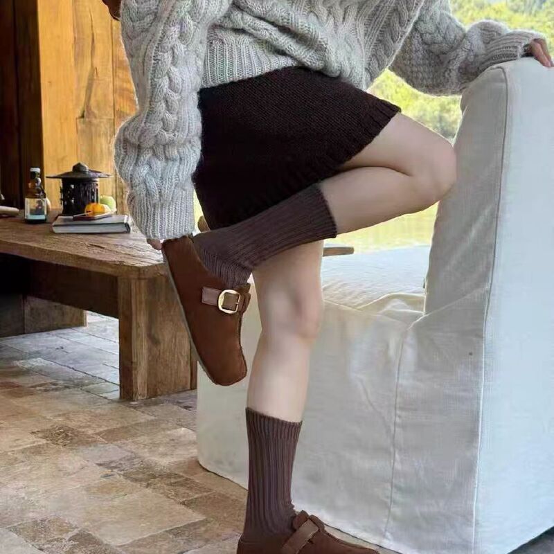 复古真皮厚底加绒勃肯拖鞋女秋冬新款百搭一脚蹬包头拖8715