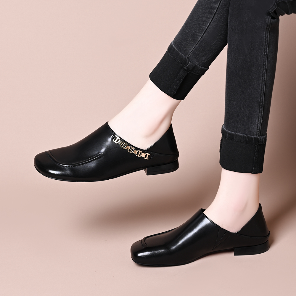 2025春秋新款舒适软底软面方头金属链条平底一脚蹬懒人深口单鞋女