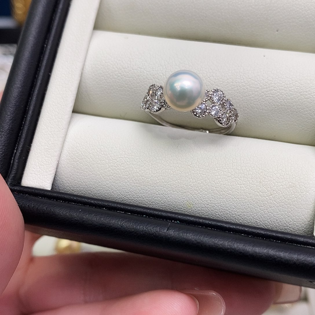 淡水珍珠戒指银S925镶嵌仙境蓝光馒头珠