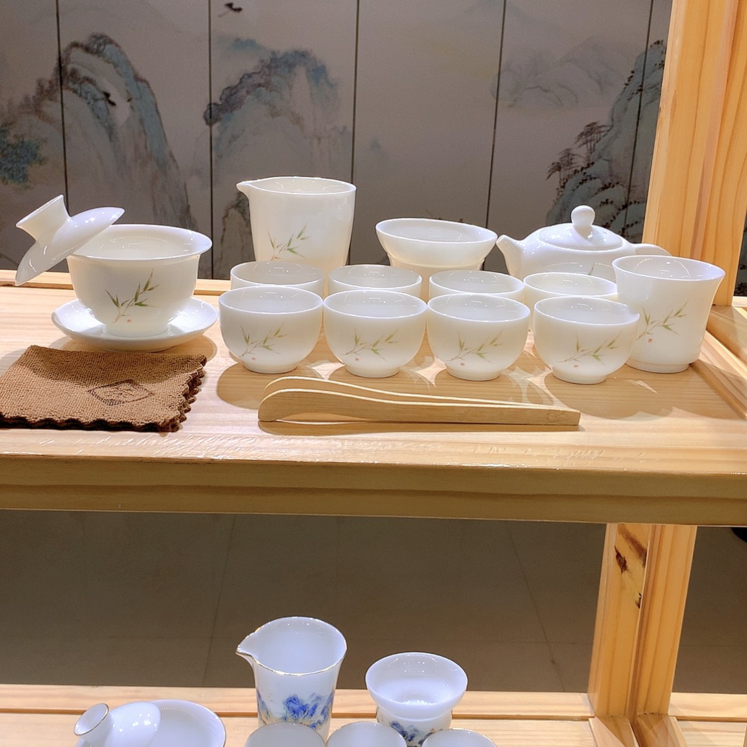 羊脂玉瓷竹报平安16件套功夫茶具