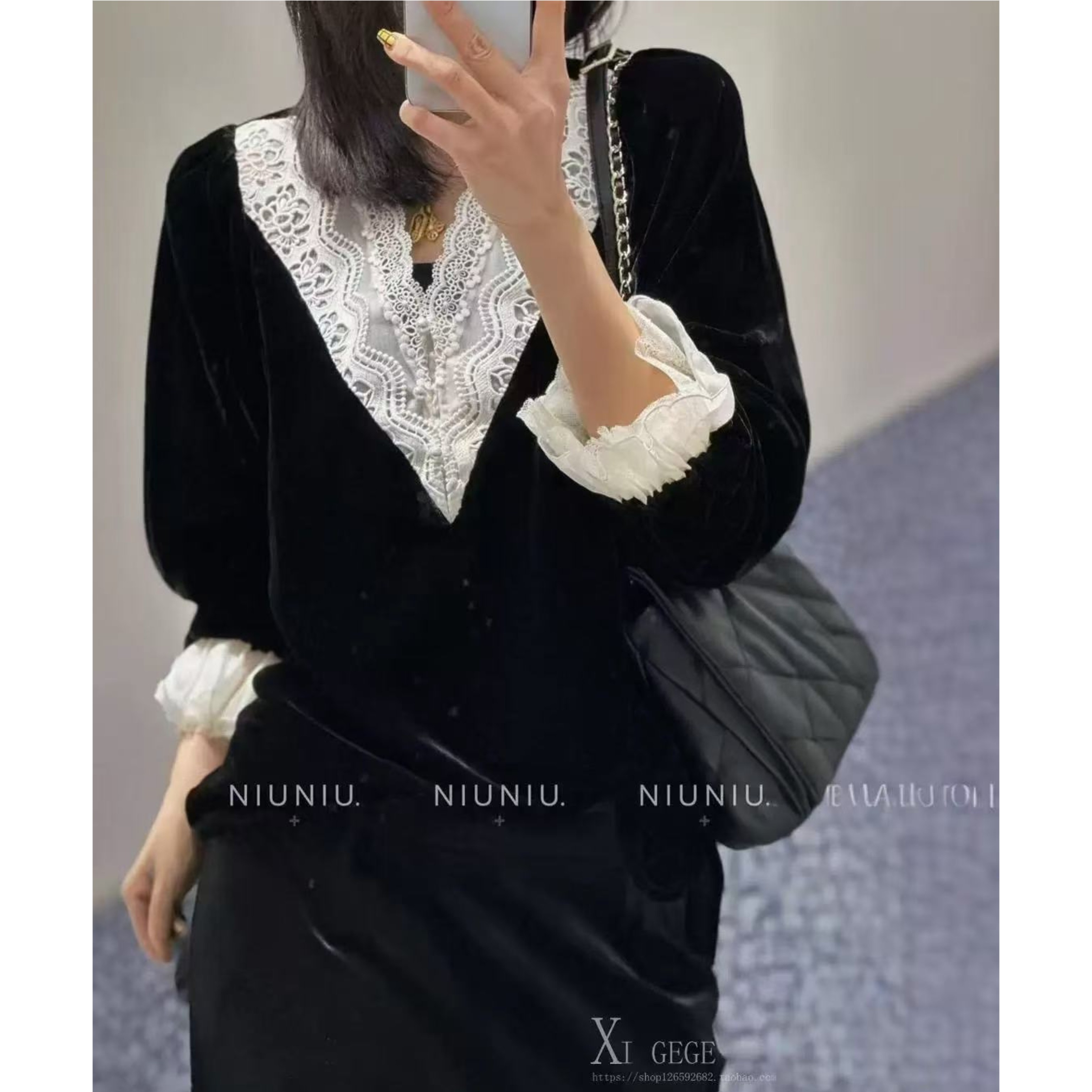WYK 高货~100%人丝丝绒~L胸104长56黑白撞色蕾丝衬衫上衣 2110
